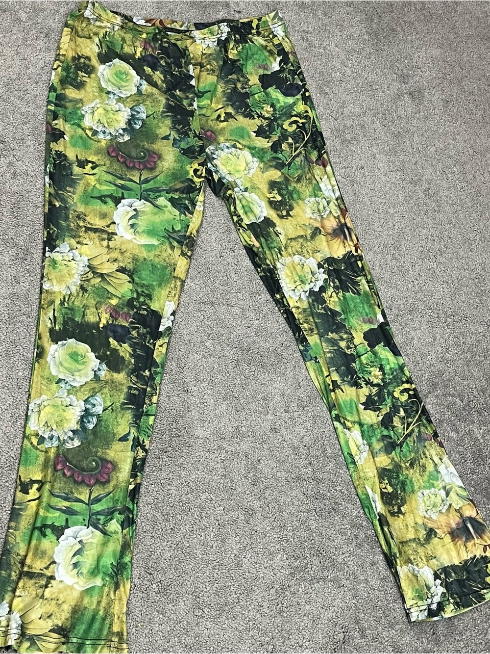 Floral Green Sheer Mesh Women's Stretch flare Pants & Crop Top Set - Picture 3 of 4